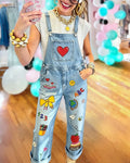 Back-to-School Themed Printed Denim Overalls