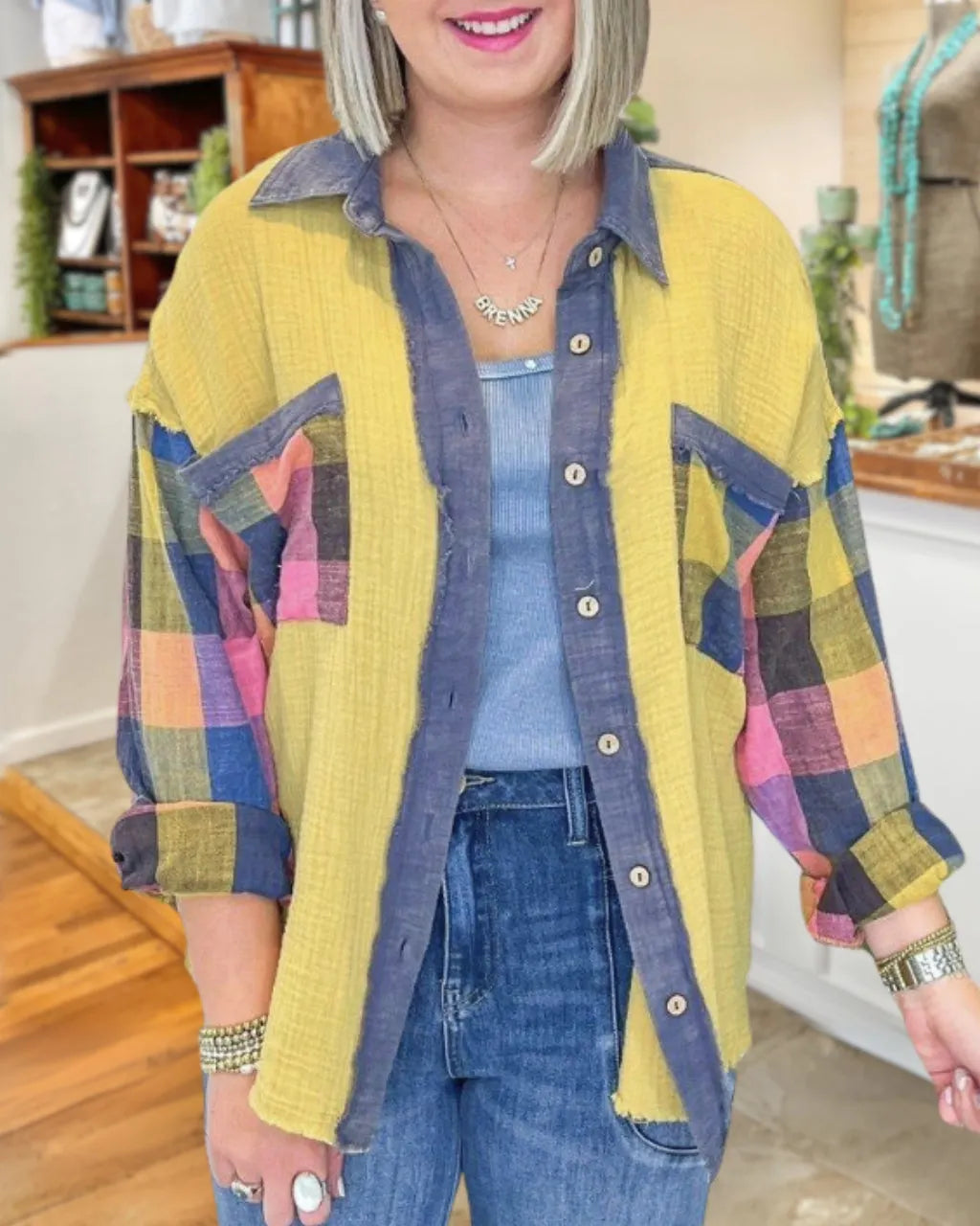 Plaid Patch Colorblock Shirt