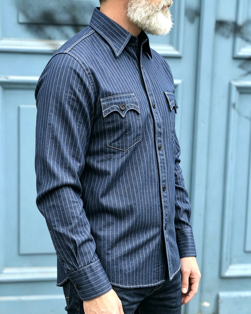 Vintage Indigo Striped Western-style Denim Shirt