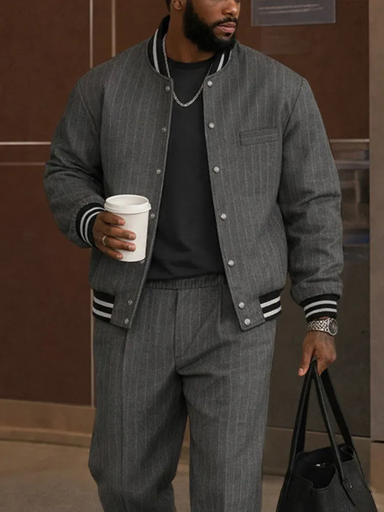 Casual Striped Bomber Jacket Pants Set