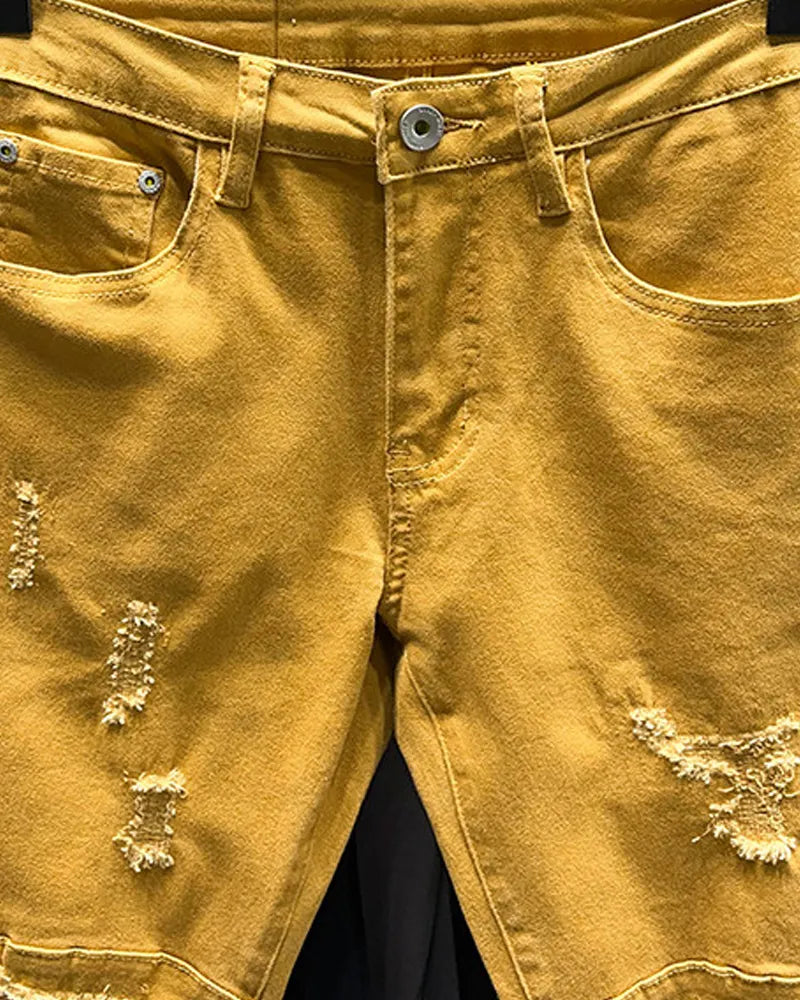 Vintage Mustard Yellow Distressed Slim Tapered Denim Jeans