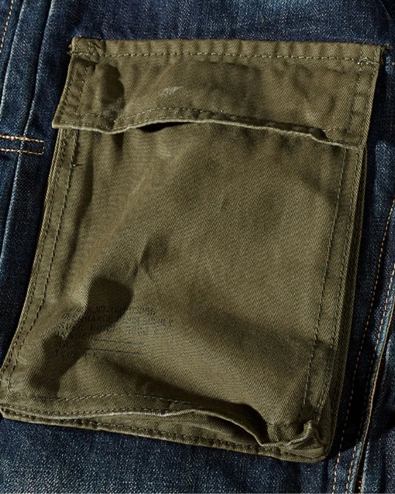 Vintage Asymmetric Canvas Patch Pocket Utilitarian Denim Jacket