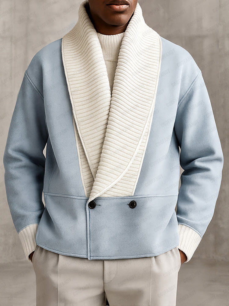 Two-Tone Ribbed Knit Patchwork Suede Coat