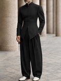 Minimalism Mandarin Collar Longline Top Pants Set