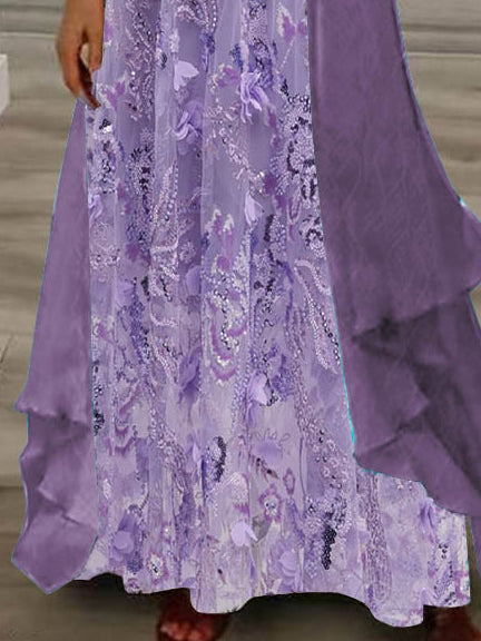 Women's Long Sleeve V-neck Floral Printed Two Pieces Maxi Dress
