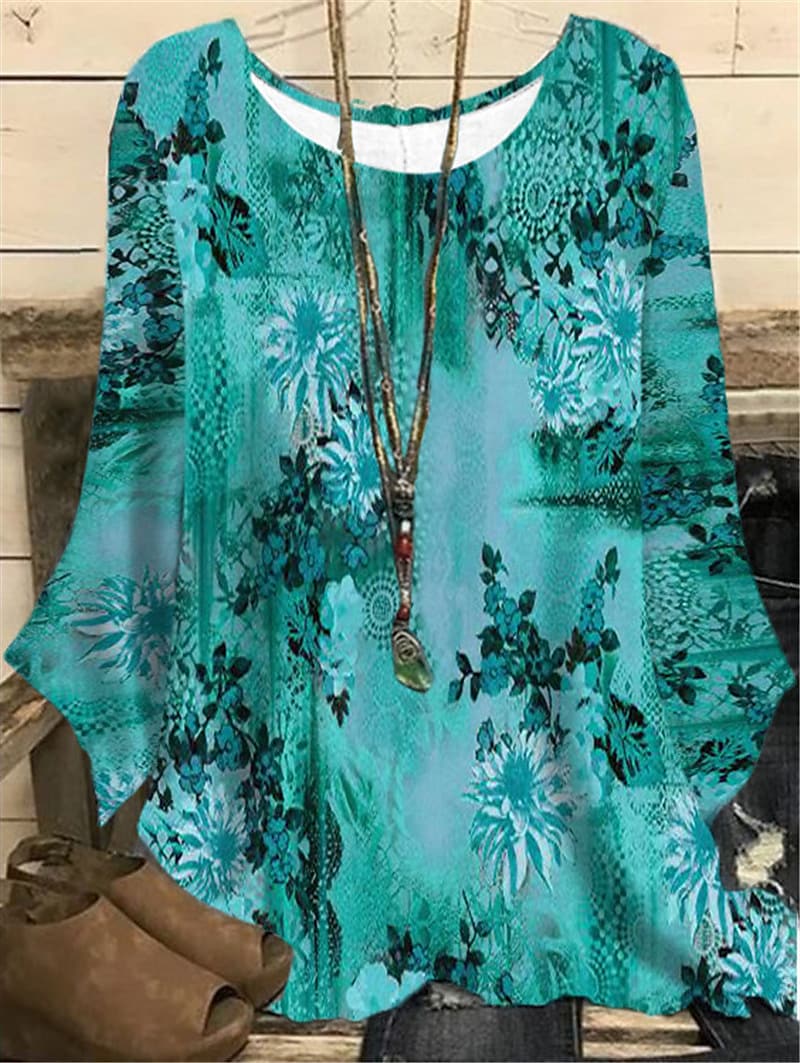 Elegant Loose Long Sleeve Pullover Flower Printing T-shirt