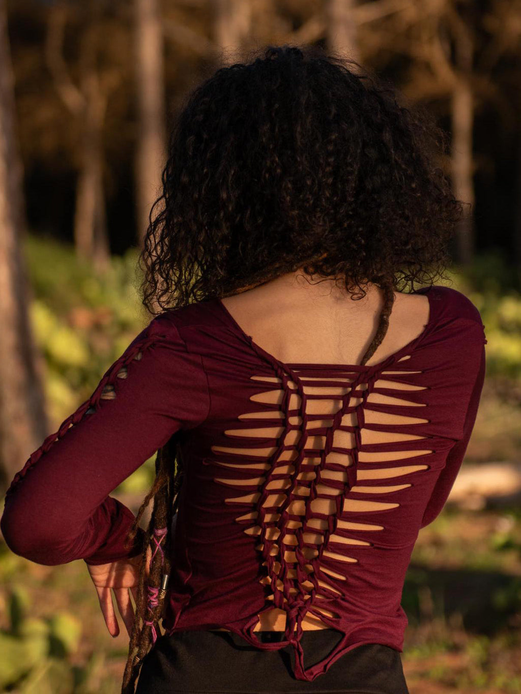 Boho Macrame Strappy Back Crop Top - Long Sleeve Cut-Out Festival Top