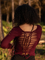 Boho Macrame Strappy Back Crop Top - Long Sleeve Cut-Out Festival Top
