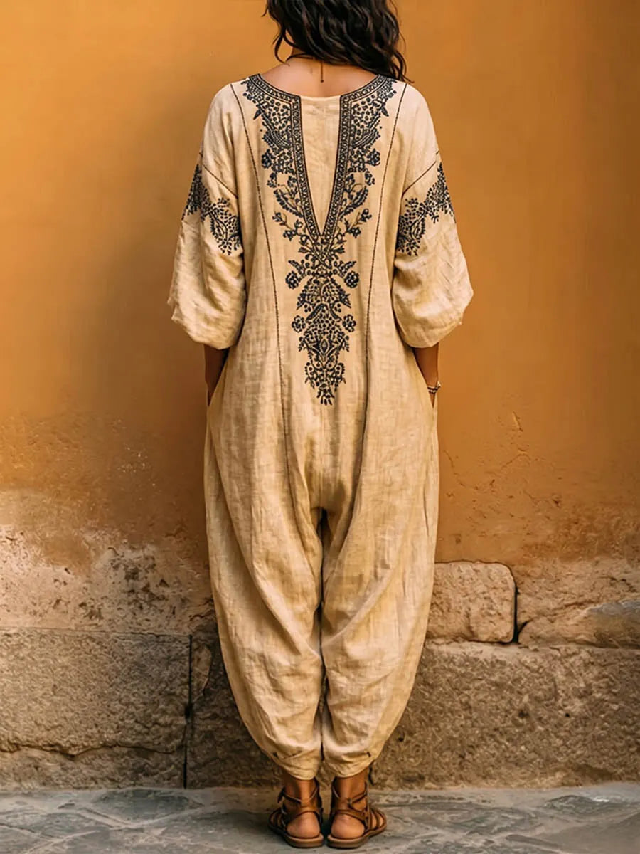 Women's Vintage-print V-neck 3/4-sleeve Casual Loose Cotton-linen Wide-leg Jumpsuit