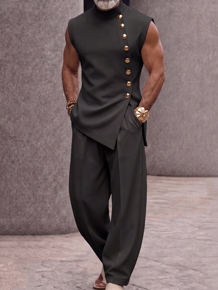 Refined Button Design Sleeveless Top and Pants Set