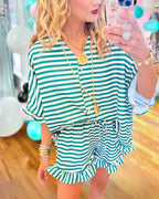 Casual Striped Ruffled Shorts Set