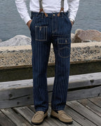 Vintage Indigo Striped Multi-pocket Cargo Pants
