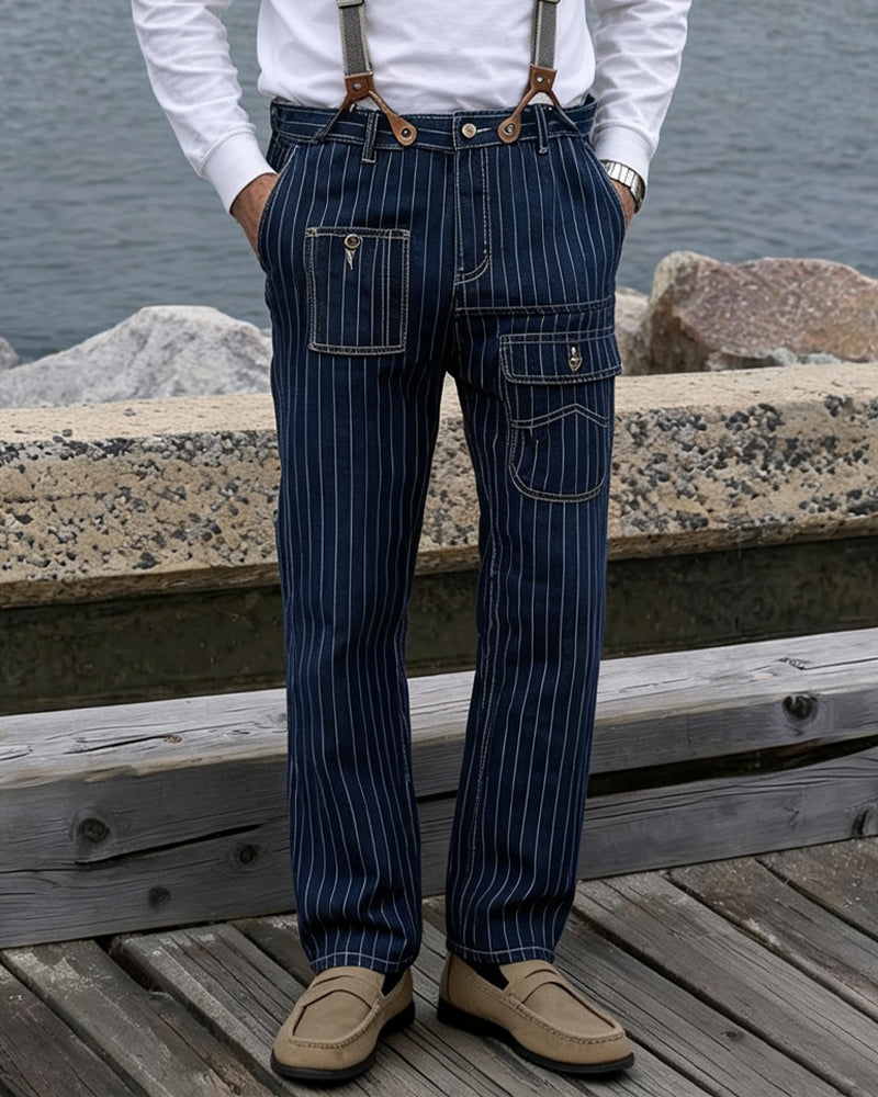 Vintage Indigo Striped Multi-pocket Cargo Pants