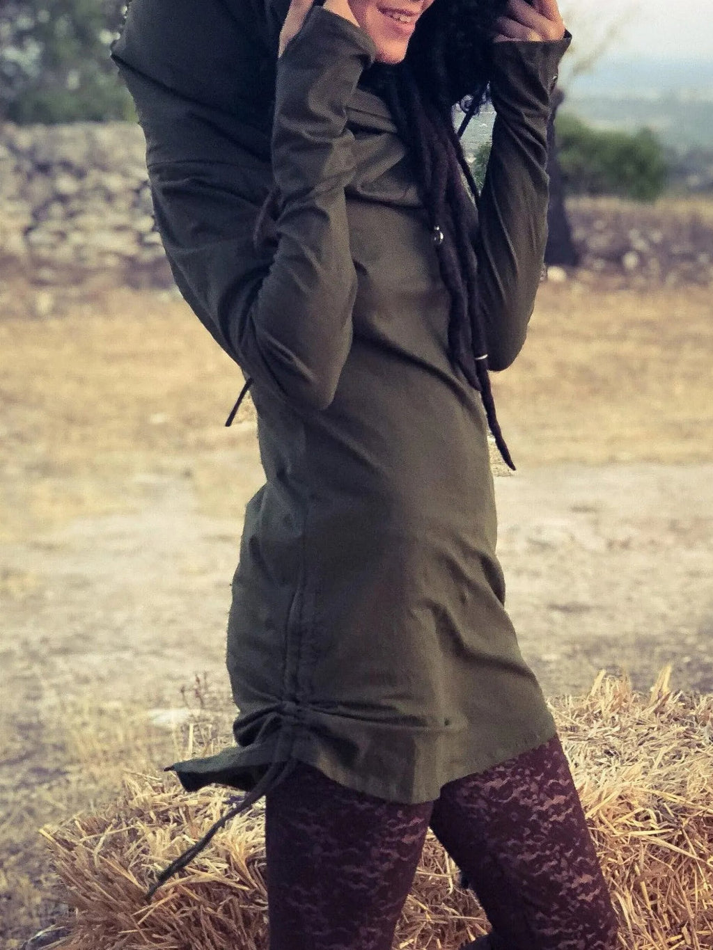 Cowl Neck Hoodie Dress: Long Sleeve Cotton Rave Dress