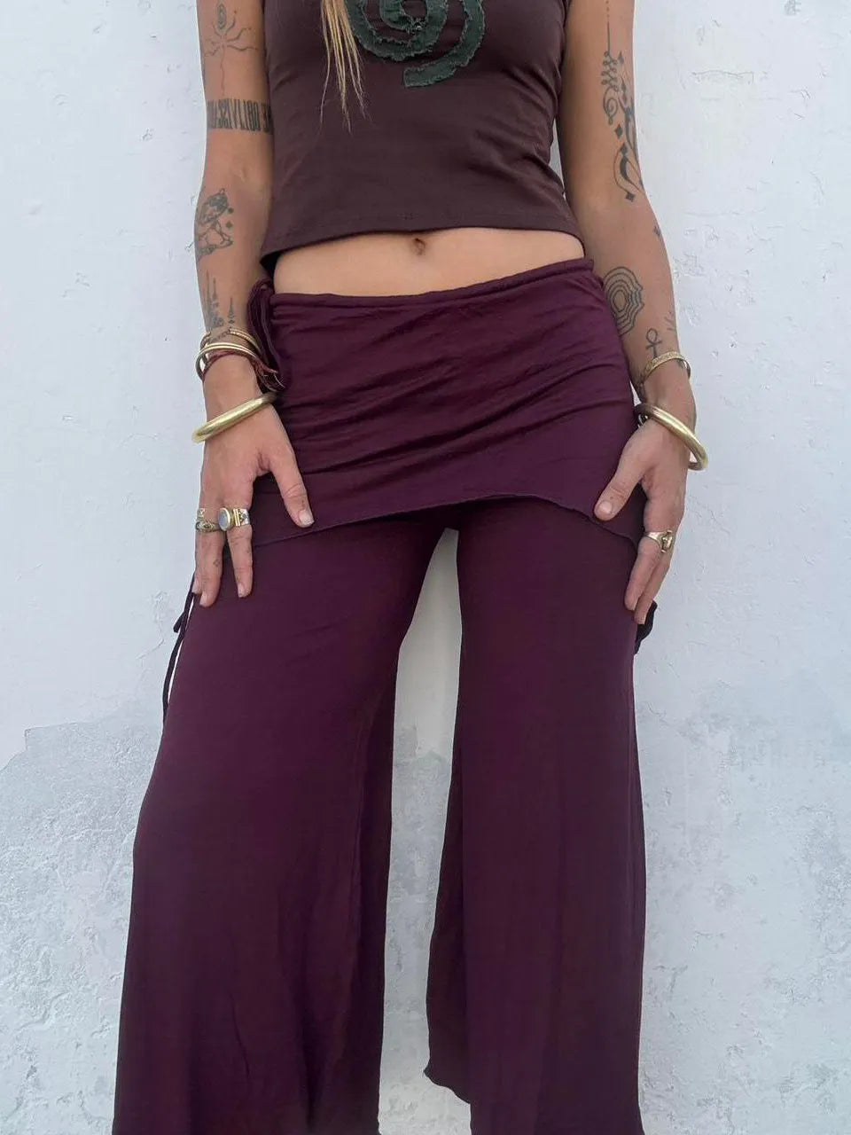 Drawstring Faux Two-Piece Asymmetric Cropped Wide Leg Pants