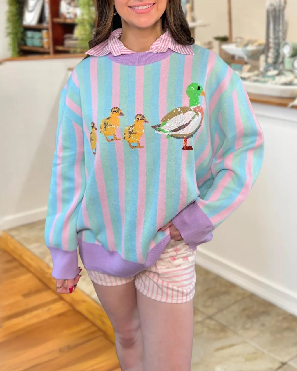 Lavender Stripe Duck Sequin Pullover