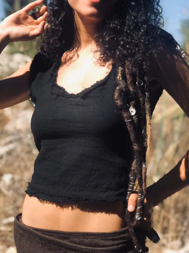 Cotton Crop Top With Lace Up Back - Natural Boho Tank