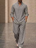 Modern Button Detail Stand Collar Shirt Pants Set
