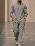 Modern Button Detail Stand Collar Shirt Pants Set