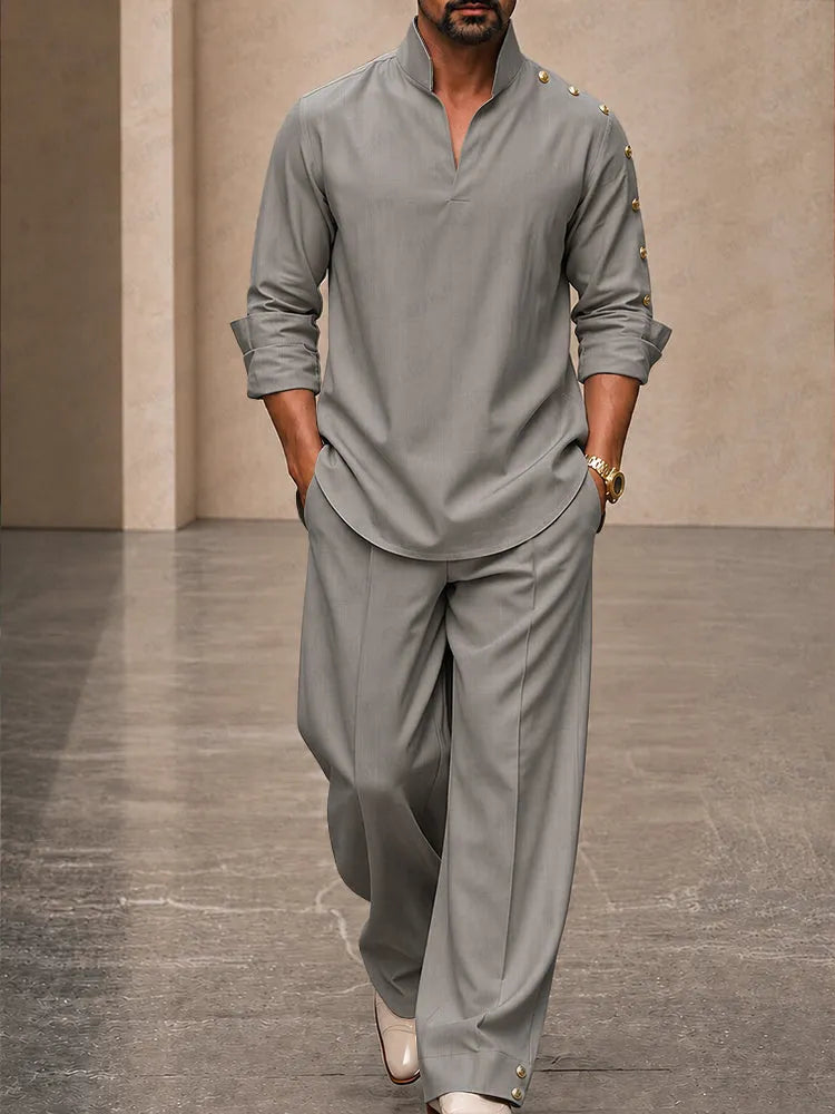 Modern Button Detail Stand Collar Shirt Pants Set