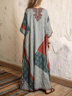 Women's Retro Geometric Print V-neck 3/4-sleeve Casual Loose Cotton-linen Dress