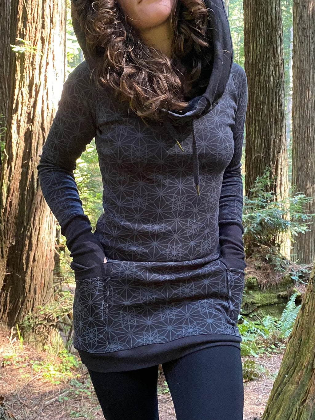 Fitted Sacred Geometry Cowl Hood Long Sleeve Mini Dress with Pockets and Thumbhole Cuffs