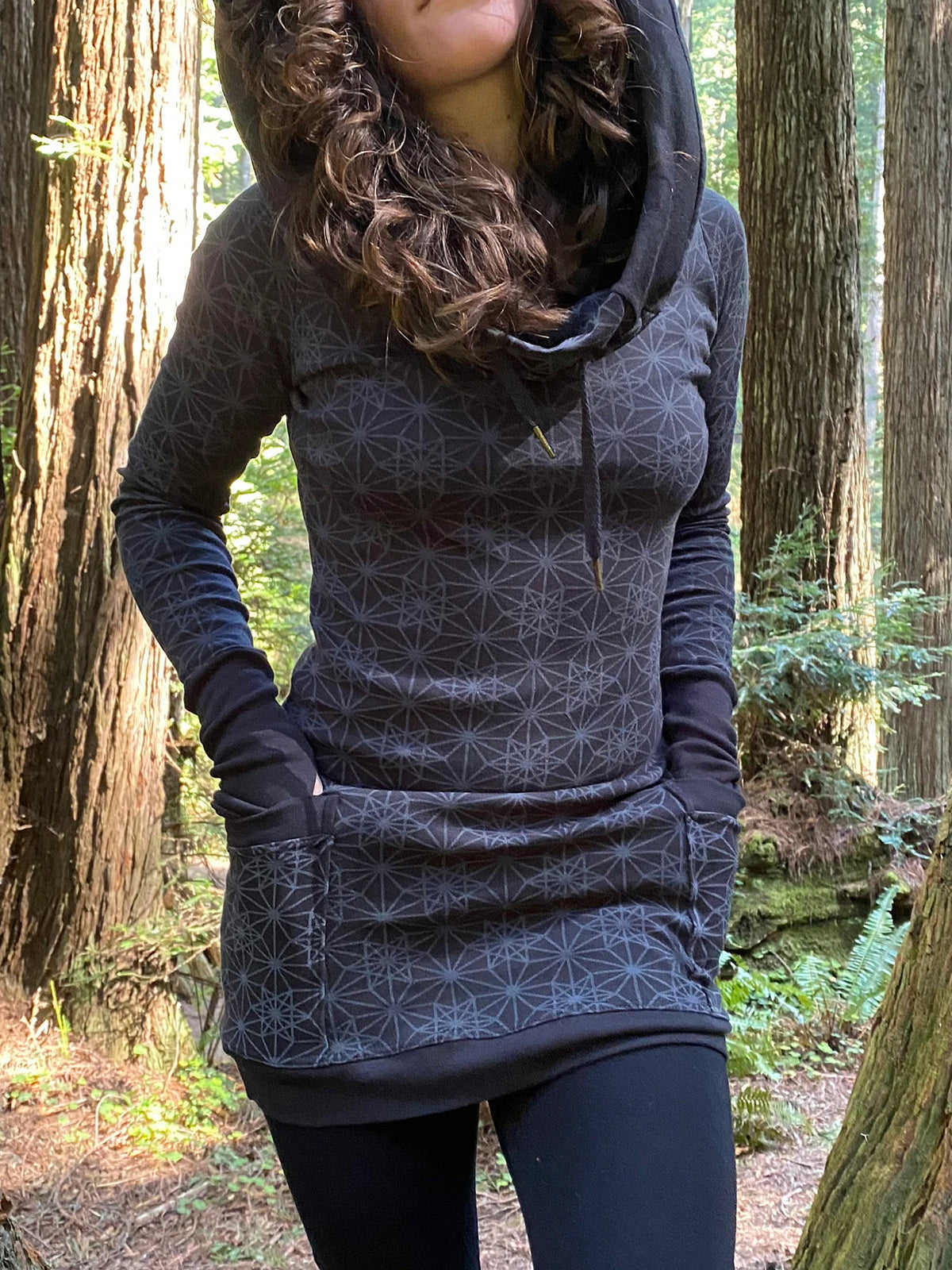 Fitted Sacred Geometry Cowl Hood Long Sleeve Mini Dress with Pockets and Thumbhole Cuffs