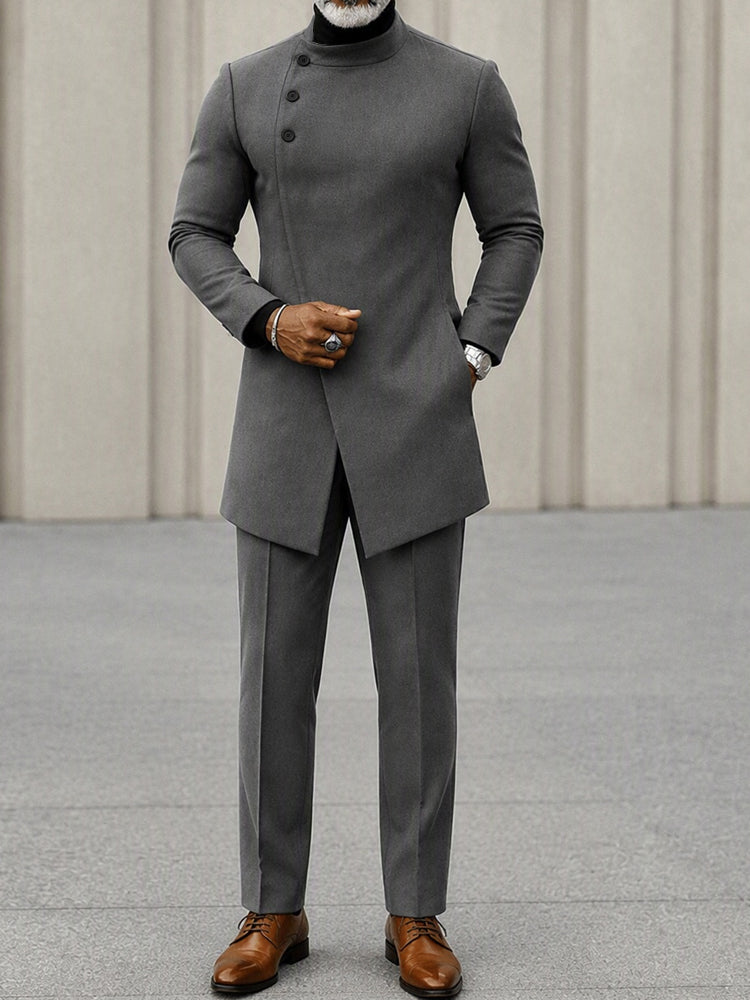 Minimalist Style Diagonal Placket Jacket Set