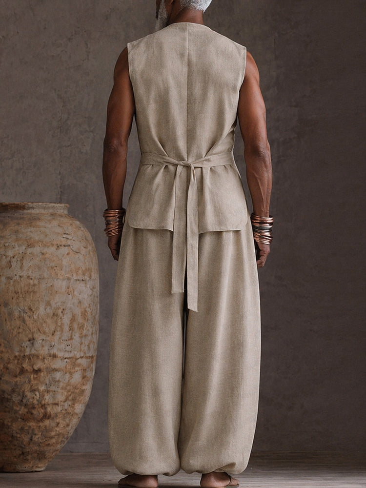 Casual 100% Cotton Back-Belt Vest and Loose Jogger Set