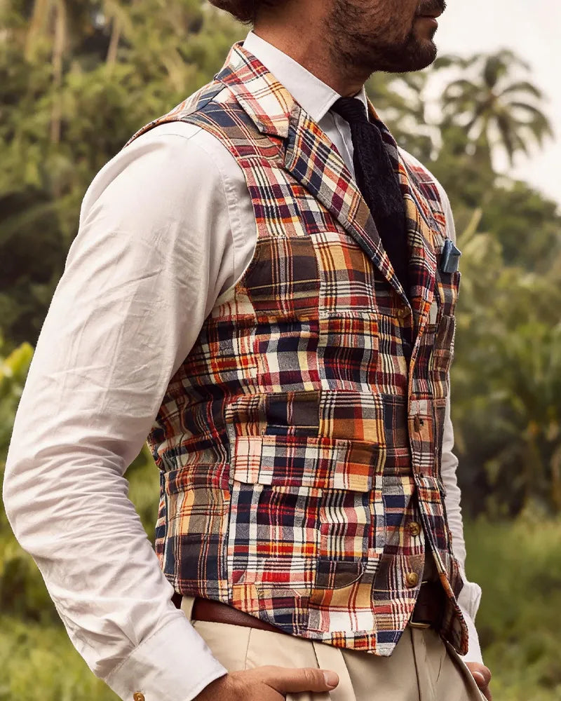 Vintage Multi-colored Plaid V-neck Vest