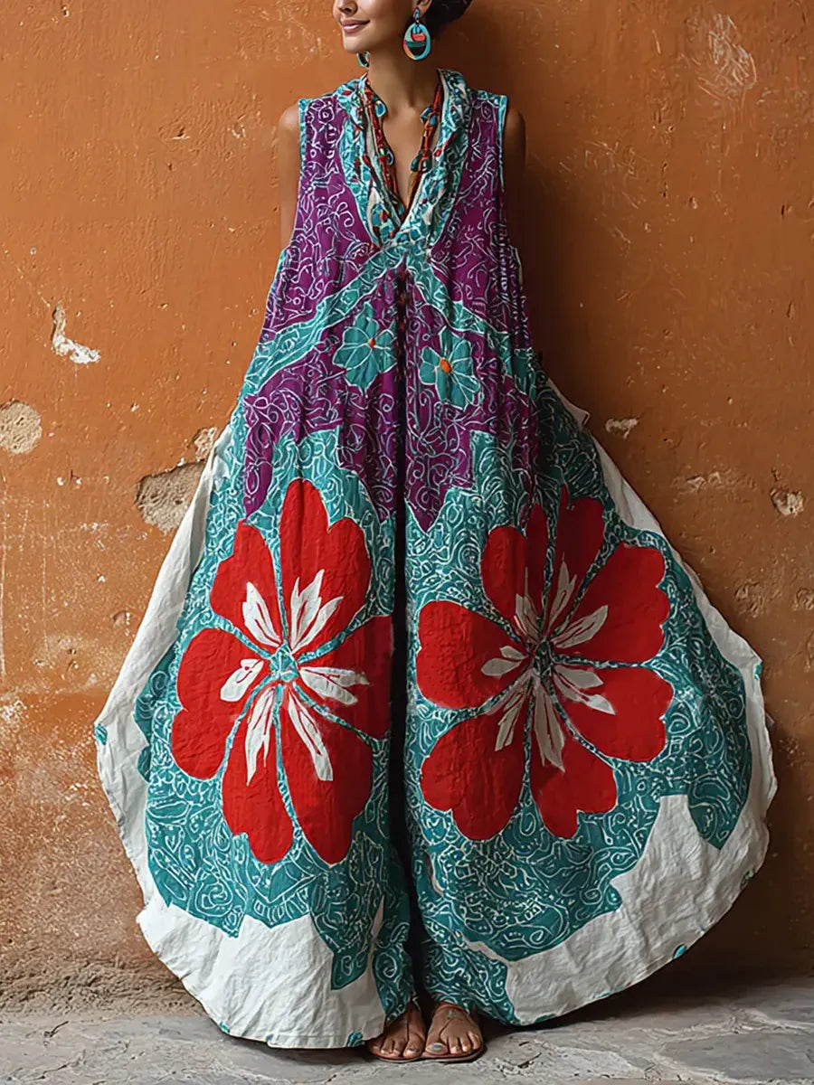 Retro Bohemian Floral Print Cotton-linen Dress