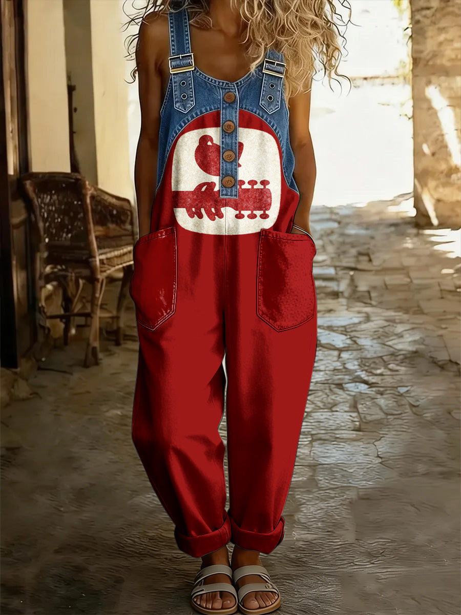 Women's Retro Floral Color-Blocked Art Print Washed Cotton Denim Patchwork Jumpsuit