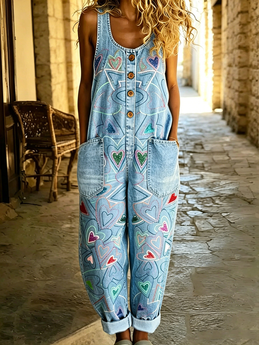 Women's Boho Color Art Print Washed Cotton Denim Patchwork Jumpsuit