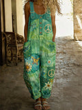 Women's Retro Style Print Washed Cotton Denim Patchwork Jumpsuit