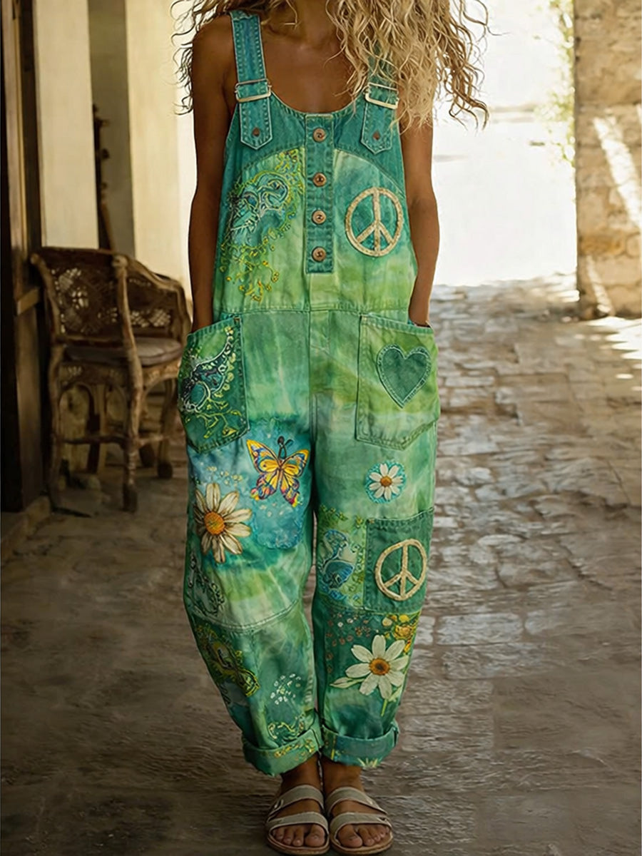 Women's Retro Style Print Washed Cotton Denim Patchwork Jumpsuit