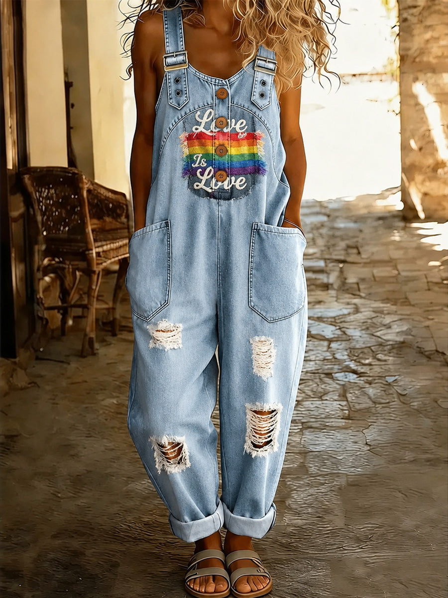 Women's Retro Pride Month Rainbow Art Print Washed Cotton Denim Patchwork Jumpsuit