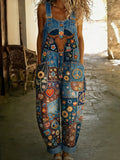 Women's Retro Floral Color-Blocked Art Print Washed Cotton Denim Patchwork Jumpsuit