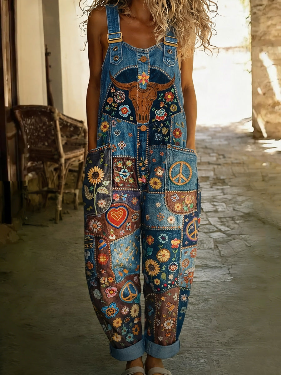 Women's Retro Floral Color-Blocked Art Print Washed Cotton Denim Patchwork Jumpsuit
