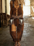 Women's Boho Color Art Print Washed Cotton Denim Patchwork Jumpsuit