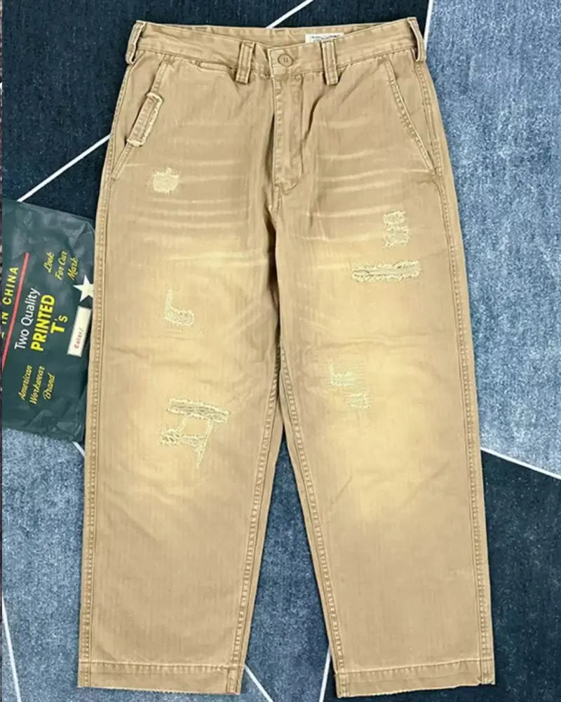 Vintage Khaki Herringbone Twill Straight Military Trousers