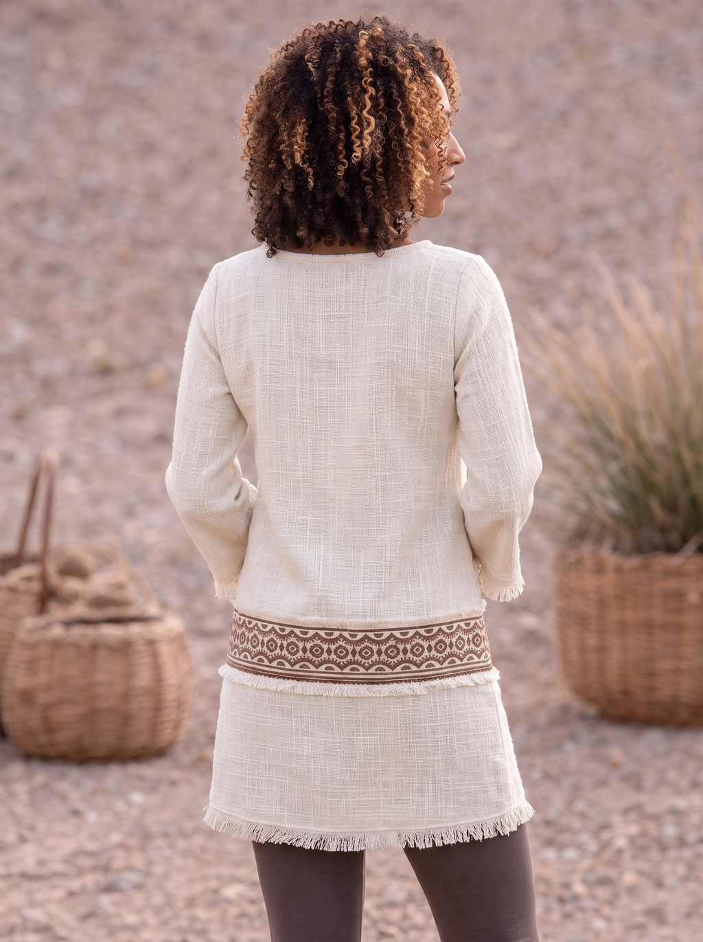 Bohemian Textured Ethnic Ribbon Raw Hem Longline Top