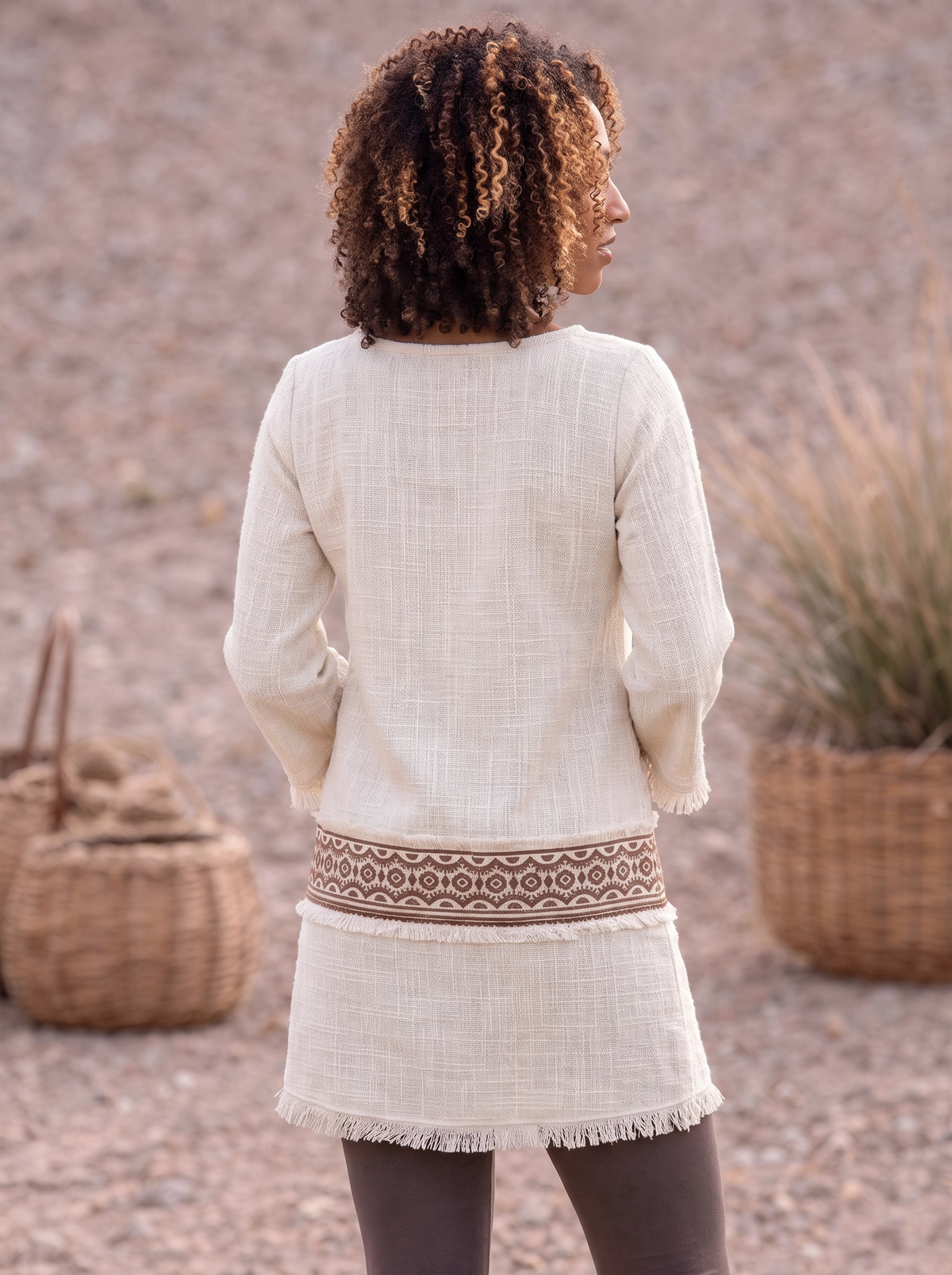Bohemian Textured Ethnic Ribbon Raw Hem Longline Top