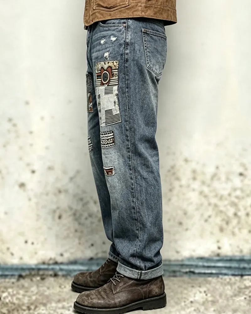 Vintage Medium©\Blue Ethnic©\Print  Artisan Distressed Denim Jeans