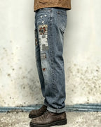 Vintage Medium©\Blue Ethnic©\Print  Artisan Distressed Denim Jeans