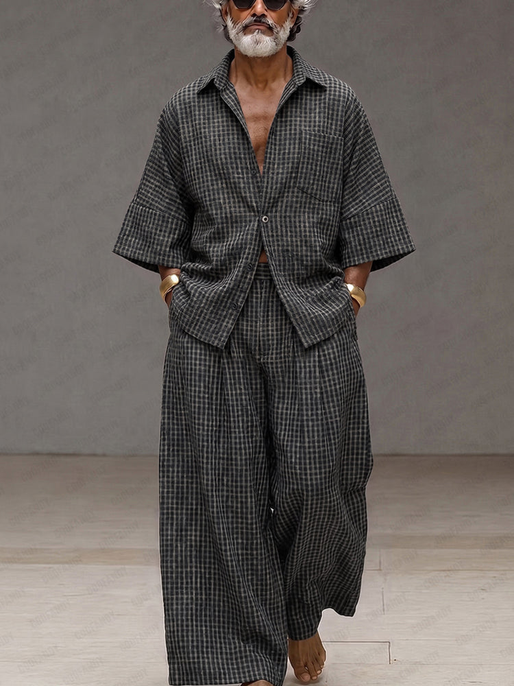 Vintage Loose Plaid Shirt and Wide-Leg Pants Set