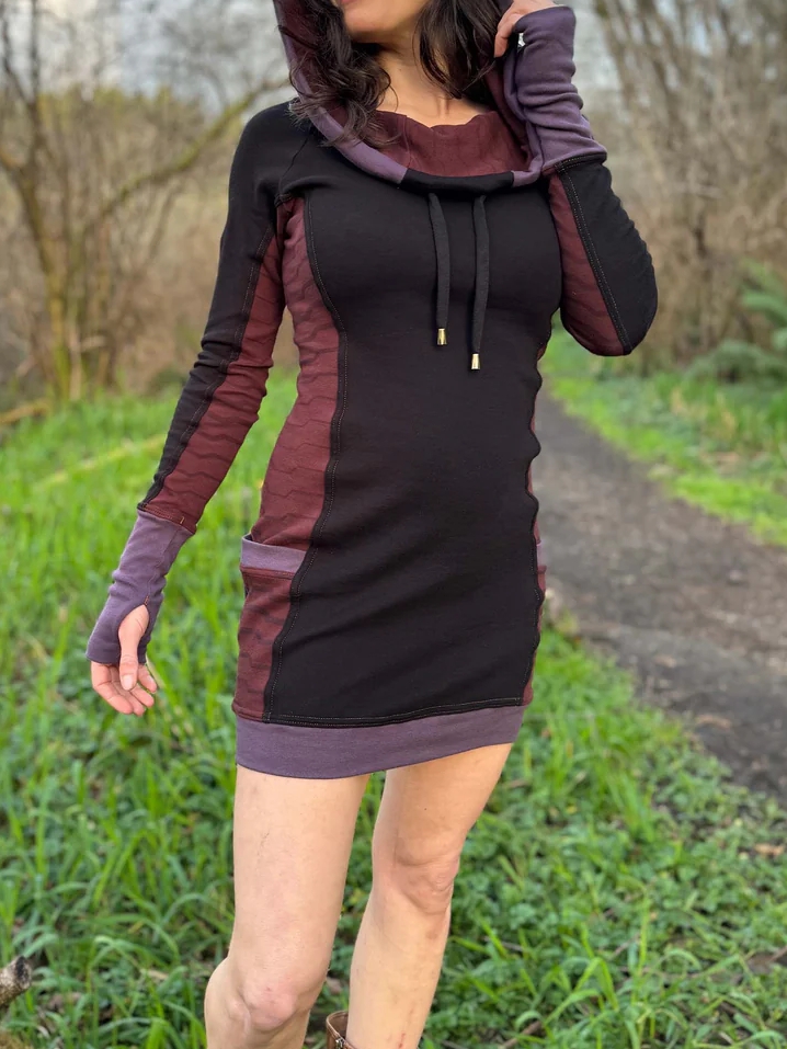 Side Panel Portal Dress - Cotton Long Sleeve Cowl Hood Fitted Mini Dress