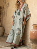 Women's Vintage-print V-neck 3/4-sleeve Casual Loose Cotton-linen Dress