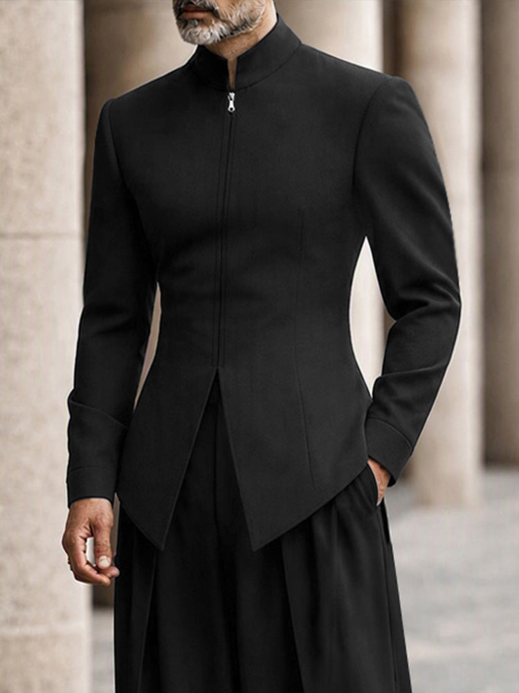 Minimalism Mandarin Collar Longline Top Pants Set