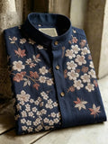 Men's Japanese Sakura Embroidered Stand Collar Casual Button-Up Shirt