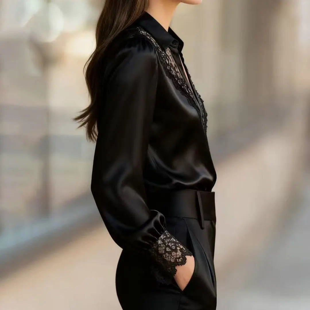 Fashion Patchwork Lace V-neck Puff Sleeve Shirt